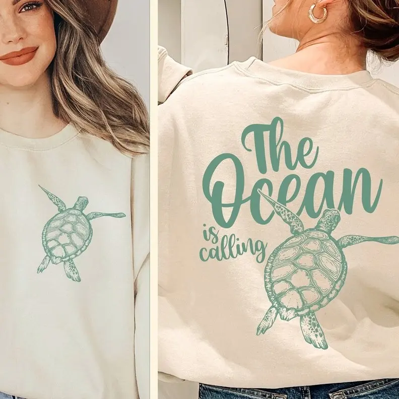 The Ocean is Calling Sweatshirt, Minimalist Turtle Print Shirt For Turtle Lover, Sea Turtles Hoodie For Woman, Summer Beach Outfit