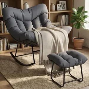 Oversized Papasan Egg Rocking Chair Set with Ottoman, 5 Inch Thick Soft Cushion, Heavy Duty UV Resistant PE Wicker and Sturdy Metal Frame, 350 lbs Weight Capacity, Indoor Outdoor Lounge Chair for Balcony Garden Porch Bedroom, Black and White
