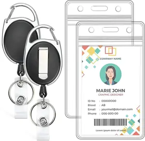 2 Pack ID Badge Holder with Retractable Badge Reel Clear Vertical ID Card Holder with Heavy Duty Carabiner Badge Reel with 24 Inches Pull Cord