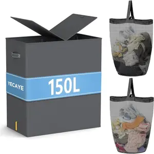 150L Large Laundry Hamper with Lid – Foldable Laundry Hamper with Removable Liner – 2 Section Clothes Basket, Dirty Clothes Basket for Bedroom,, Laundry Room,Grey