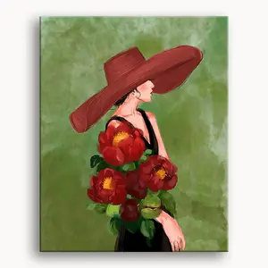 Art Girl Paint by Number Kit for Beginners Handicrafts Canvas Art Relaxing and Stress-relieving Painting Toys with Red Floral Design