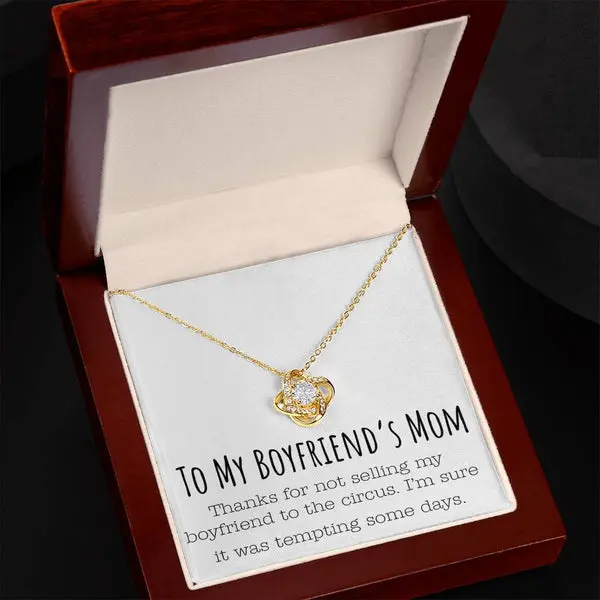 "To My Boyfriend's Mom" Funny Love Knot Necklace - 14k Gold Plated Pendant Jewelry, Funny Mother's Day Birthday Gift Box for Future Mother in Law