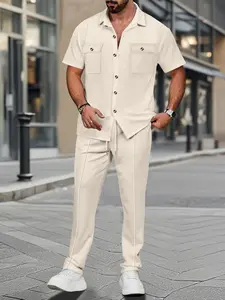Two-piece Set Men's Solid Button Front Shirt & Pants Set, Regular Fit Casual Short Sleeve Pocket Top & Drawstring Waist Trousers, Men's Summer Clothes, Menswear, Casual Suit Set