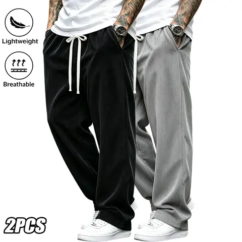 Men's High-End Textured Corduroy Pants - Adjustable Drawstring Waist, Pockets, Breathable, Straight-Wide Leg, Relaxed Fit, Machine Washable for Autumn-Winter Everyday Wear, Mens Wardrobe Staples, Adjustable Drawstring Men's Pants