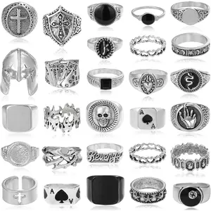 28 Pcs Vintage Silver Punk Rings Set for Men Cool Gothic Chunky Rings Statement Skull Cross Signet Ring Set