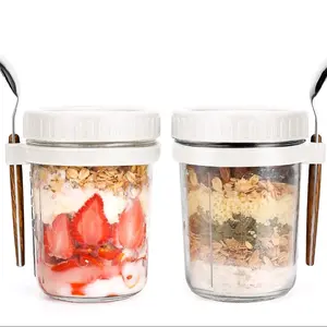 16 oz Overnight Oats Jars Kitchen Set (2 White Pcs) - Airtight Canister with Measurement Marks, Lid & Spoon, On-The-Go Cereal Utensils Container, Amazon's Choice
