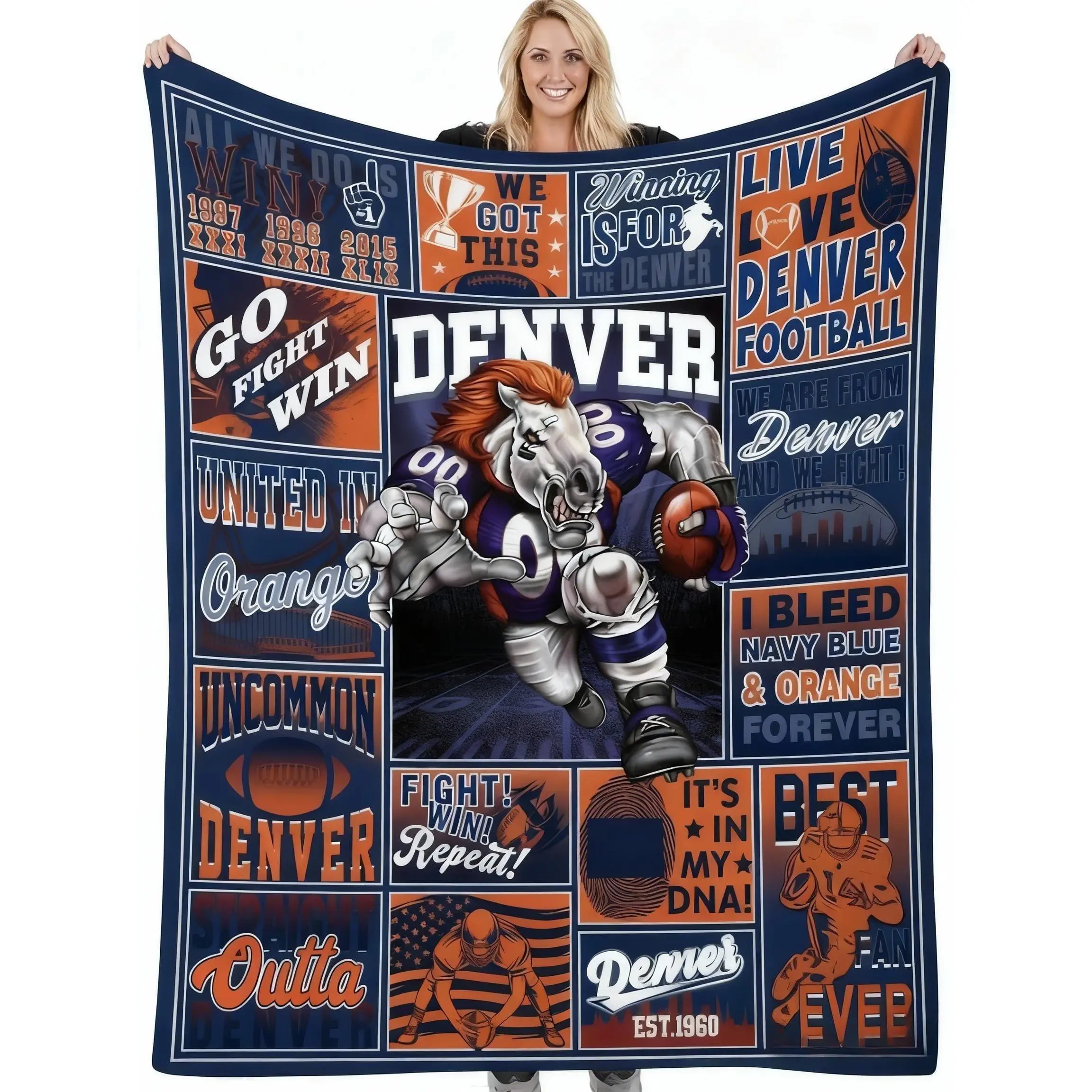 Denver Rugby Fan Throw Blanket - Polyester Fiber, Soft, Cozy, Warm, Breathable, Wrinkle-Resistant, Pill-Resistant, All Seasons - 50x60 in Sports Team Gift for Men, Sofa Bed Home Decor, Home & Travel