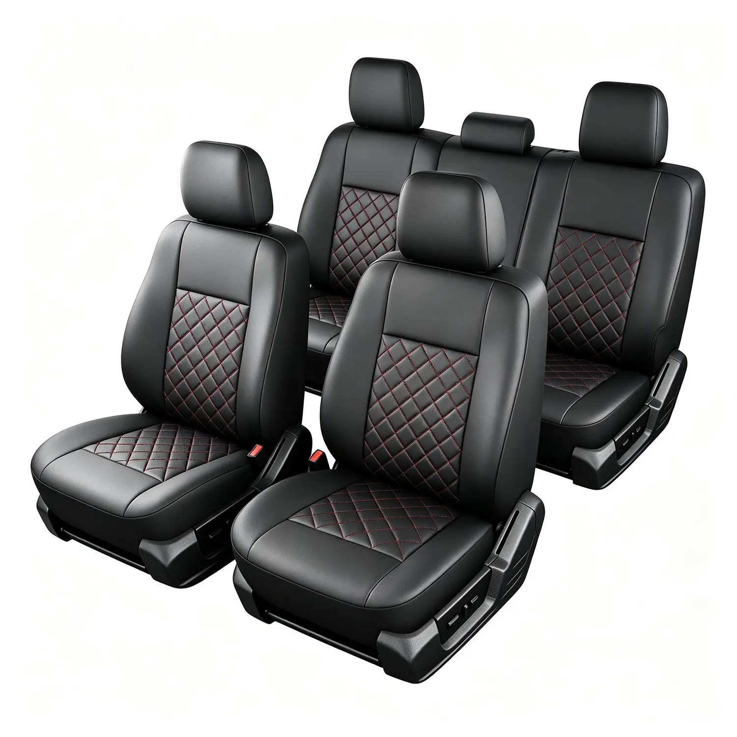 Custom Fit 5-Seats Seat Covers for Ford F150 2009-2026, F250 F350 2017-2026 SuperCrew, Waterproof Faux Leather, Fits for XL/XLT/Lariat/King Ranch/Platinum/STX & Other Trims, Black with Red Stitching