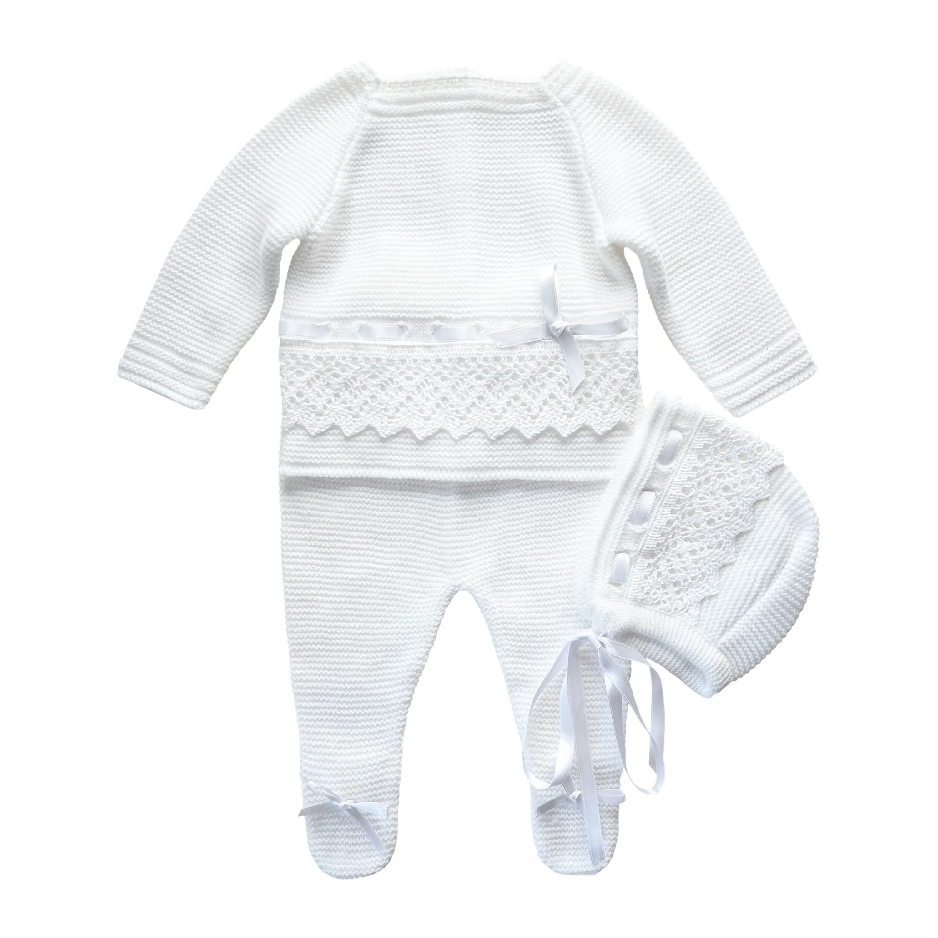 ESCALETT LAYETTE Newborn Baby Knitted Outfit White 3-Piece Set (Style: White 1136)