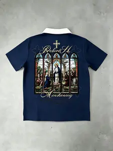 ReliviH Gothic Christian Stained Glass Print Polo Shirt, Vintage Religious Art Graphic Streetwear, Y2K Harajuku Aesthetic Casual Short Sleeve Top, Oversized Hip Hop Men's Summer Polo, Retro Faith Apparel for Street Style & Daily Wear, Stylish