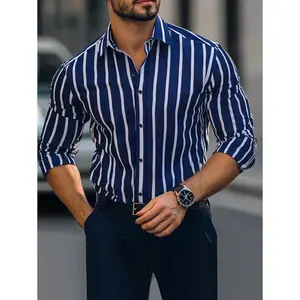Manfinity Mode Men's Casual Business Style Striped Pattern Stand Collar Button Long Sleeve Shirt. Men's Formal Shirt, Men's Fashion Clothing, Men's Casual Clothing, Suitable For Daily Wear, Commuting To Work, Going Out, Party, Leisure, Meeting Friends, Ca