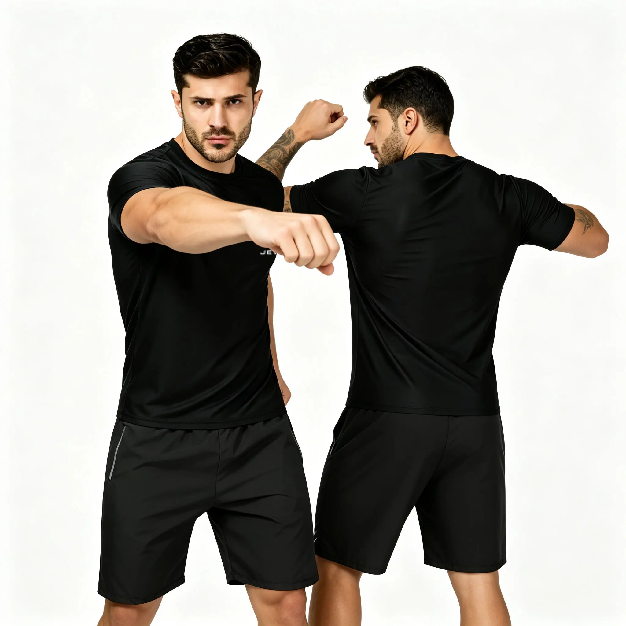 JEVPE Men's 2-Piece Athletic Set - Short Sleeve Tops, Sleeveless Tank or Crewneck Shirt, Quick-Dry Side Zipper Shorts with Logo Print, Breathable All-Season Gym Outfit for Running, Workout