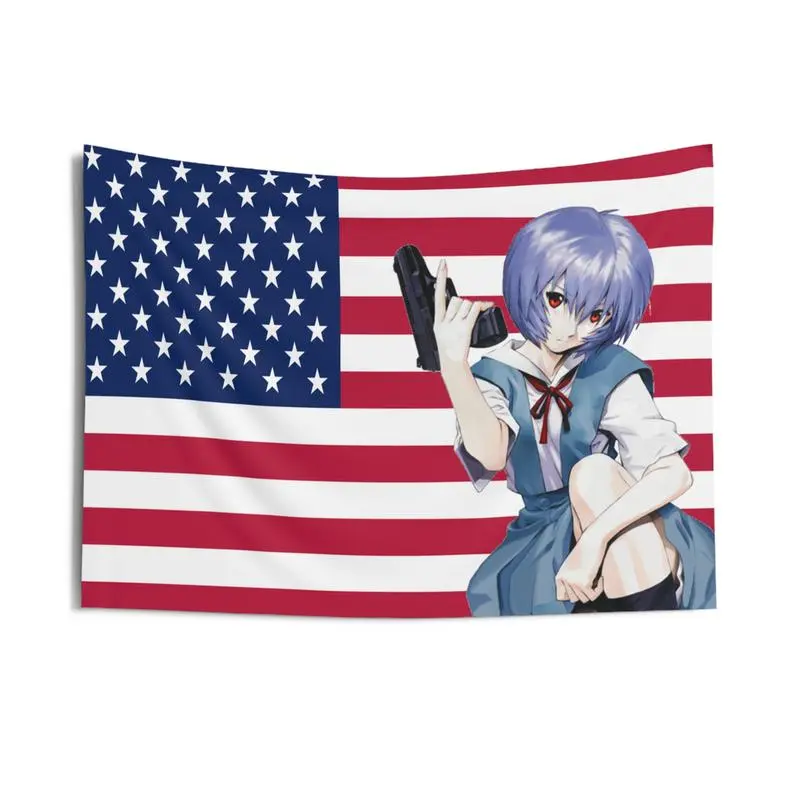 Tapestry Wall Banner, Soft Tone Art Figure Flag Print for Bedroom Indoor Room DecorTapestry Wall Banner, Minimal Country Flag Print for Living Room Dorm DecorCustom Aesthetic Tapestry2025 New Rei Ayanami USA Tapestry Flag, Evangelion Anime Indoor Wall Tap