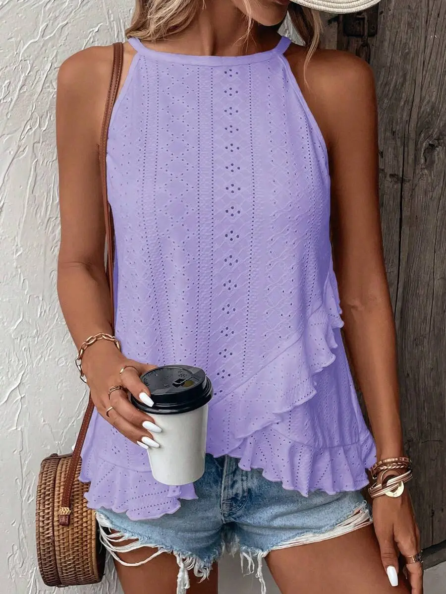 Women's Asymmetrical Ruffle Hem Halter Neck Tank Top