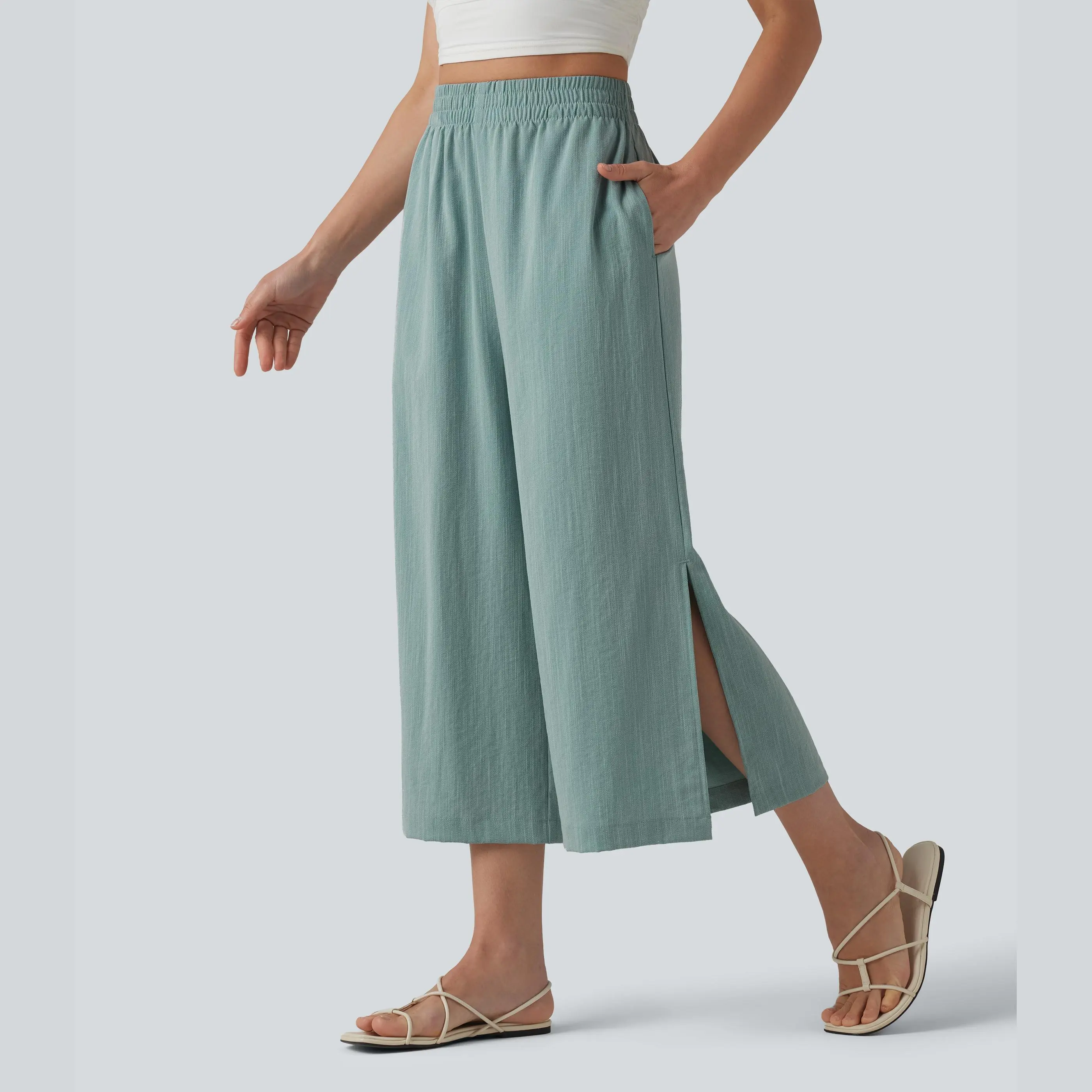 Halara High Waisted Split Linen-Feel Casual Cropped Baggy Pants with Pockets