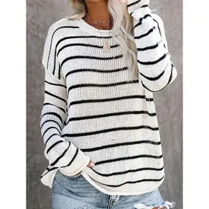 Striped Crew Neck Pullover Sweater, Autumn and Spring Leisure Long Sleeve Knitted Sweater, Women's Clothing Casual Fabric Knitwear Elastic