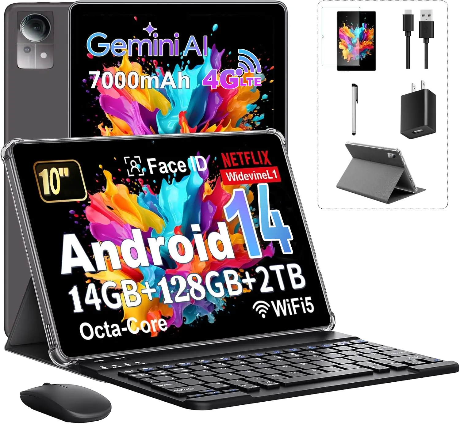 10.1 Inch 2-in-1 Android Tablet 2026, 4G LTE Dual SIM Phone Tablet with Keyboard & Mouse, 14GB+128GB (1TB Expandable), Octa-Core, 5G WiFi, 7000mAh Battery, Face Unlock, Full Case Included