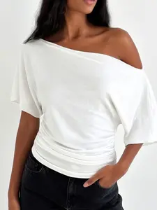 2026 Summer Women's Off-Shoulder Short Sleeve Top, Fashion Slim Fit Short T-Shirt, Solid Color Casual Basic Everyday Shirt, Trendy Ladies' Clothing, Womenswear