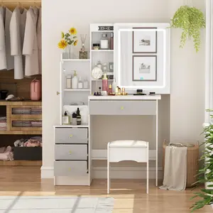 Vanity Desk with Mirror and Lights, Vanity Makeup Desk with Sliding Lighted Mirror, Vanity Mirror Makeup Desk with Cushion Stool, Drawers and Shelves, White and Grey