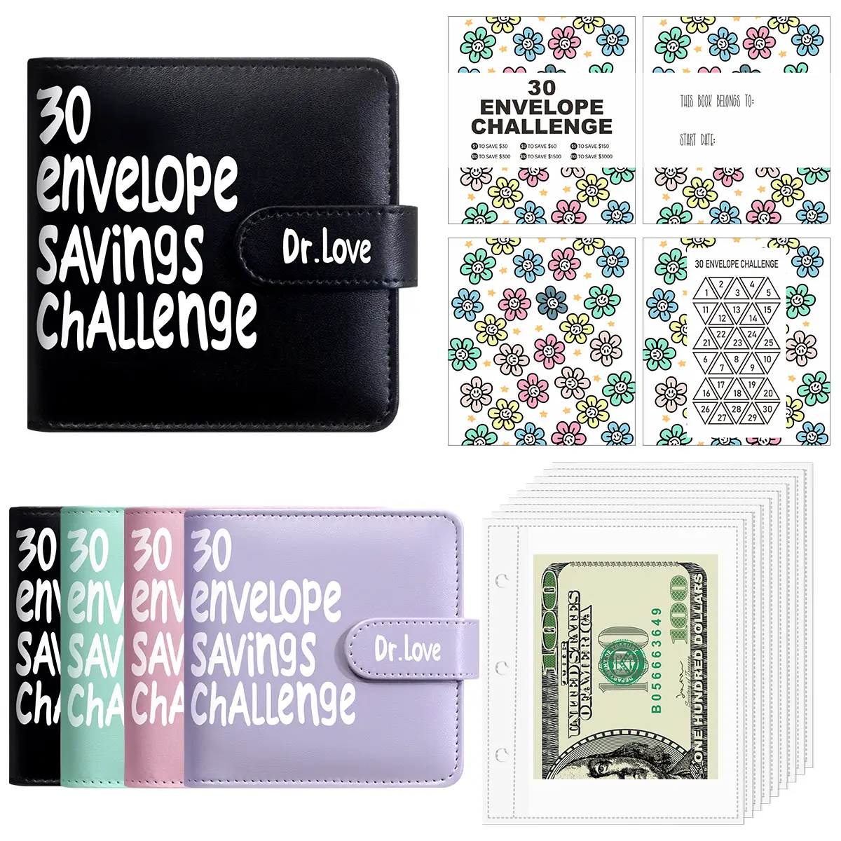 30 Envelope Savings Challenge Binder for Budget Planning with Savings Challenges to Save $3000, $1500, $300, $150, $60, $30 - A6 Size with Reusable Tr