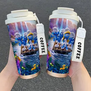 1pc 18oz Smurf Mug Featuring Adventure Scene with Waterfall, Stainless Steel Material, Fantasy Design with Colorful Plants