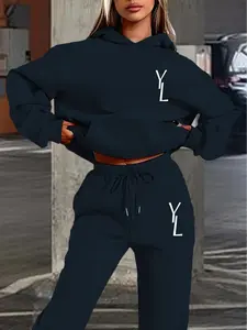 Women's Fall Winter Hooded Sweatshirt Set, Casual Geometric Print, Fitted Design, Comfortable Daily Wear, Stretchy Outfit Sets