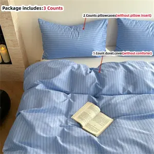 3counts Light Blue Striped bedding Set, 1 count Duvet cover+2 counts Pillowcases(without comforter and pillow insert), Single Twin Double Queen Size, Bedroom Bedding