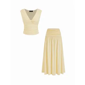 Cider V-neck Twist Ruched Top & Mid Rise Ruched Flared Maxi Skirt Set