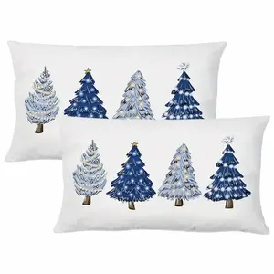 2pcs, Retro Christmas Throw Pillow Covers, Navy Blue Christmas Tree Design, Home Décor Products, Cushion Cover Decoration for Couch Sofa, Room Decor and Bedroom Decor, Single Sided Printing, No Pillow Core