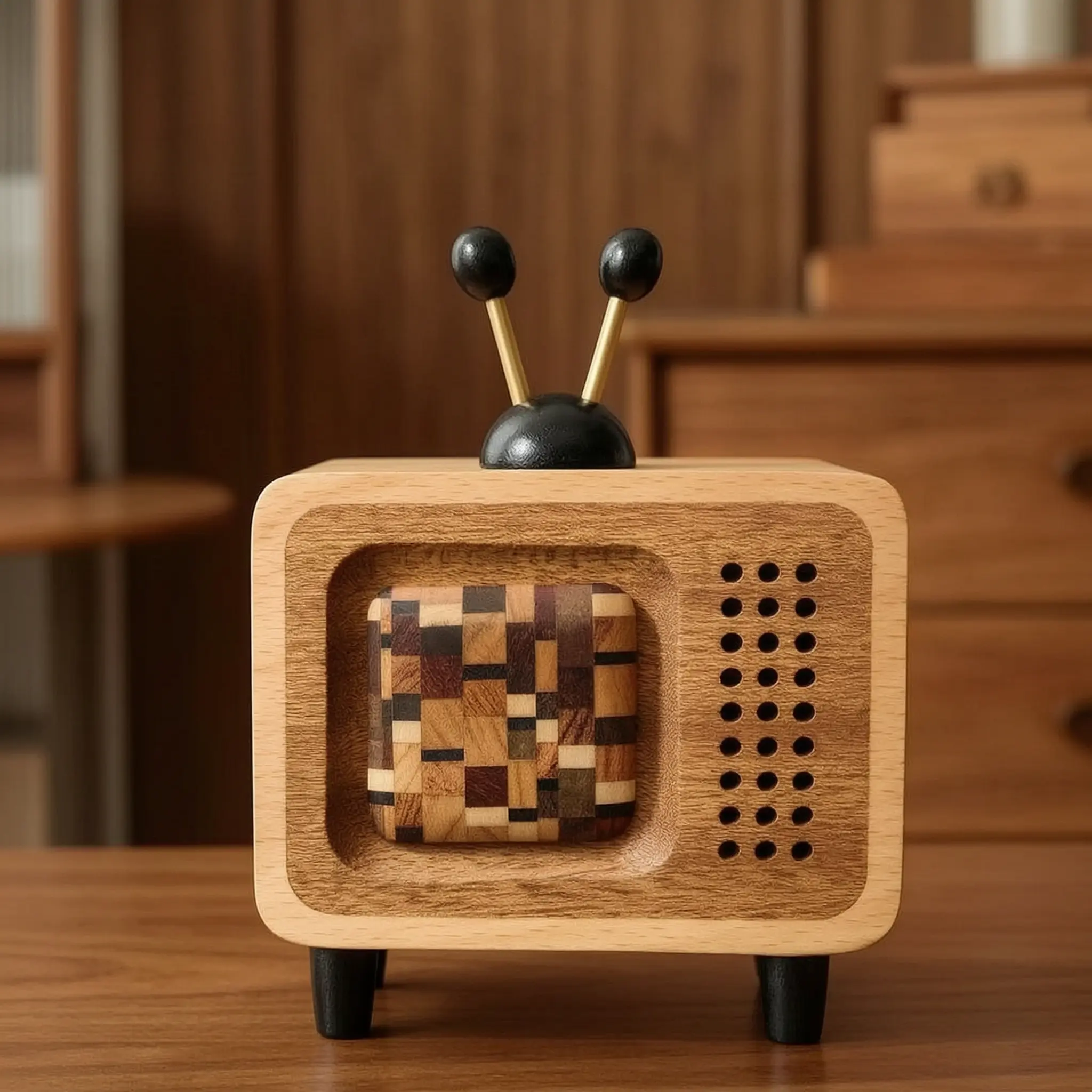 Retro TV Wooden Music Box with Secret Compartment - Sankyo Wind-Up, Vintage Hand-Spliced Solid Wood Home Decor, Surprise Gift for Anime Lovers, Desk Ornament