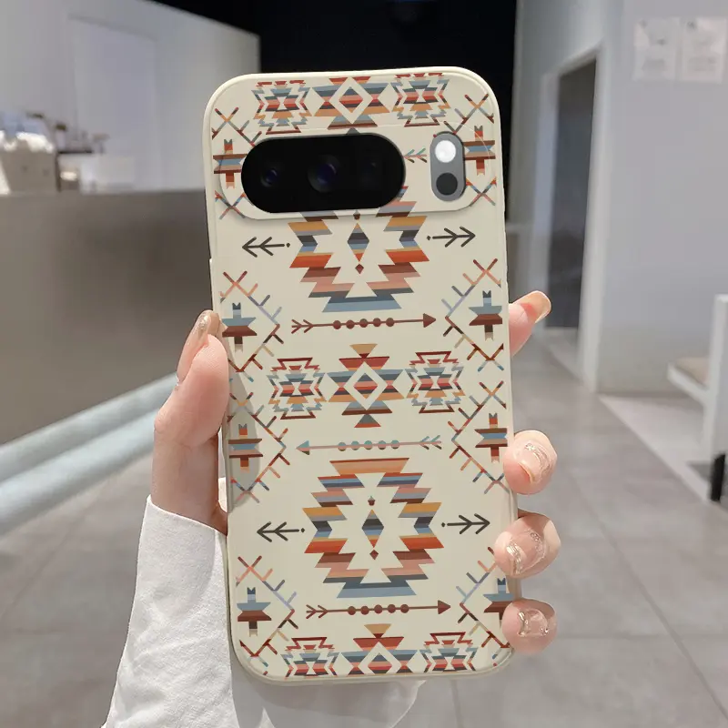Rounded Edge Phone Case for Google Pixel 10 9 8 7 Pro A XL Tribal Geometry Harmony Pattern Pocket-Friendly Shockproof Liquid Silicone Protective Soft Smartphone Casing