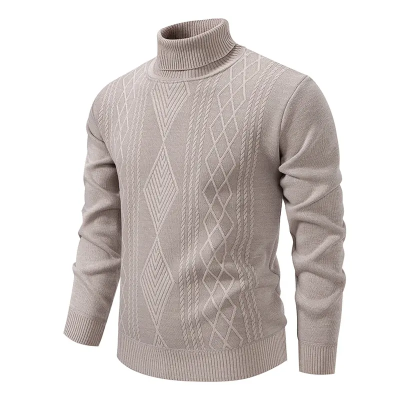 Men's Classic High Neck Diamond Cable-Knit Long Sleeve Pullover Knitwear - Warm Thick Preppy Vintage Top for Business, Casual Wear, Heavyweight