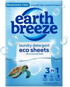 Earth Breeze Laundry Detergent Sheets Fragrance-Free - 60 Loads Eco Liquidless Soap - Travel-Friendly for Hot & Cold Cycles, Tackles Tough Stains & Odors - Gentle on Sensitive Skin, 30 Ct