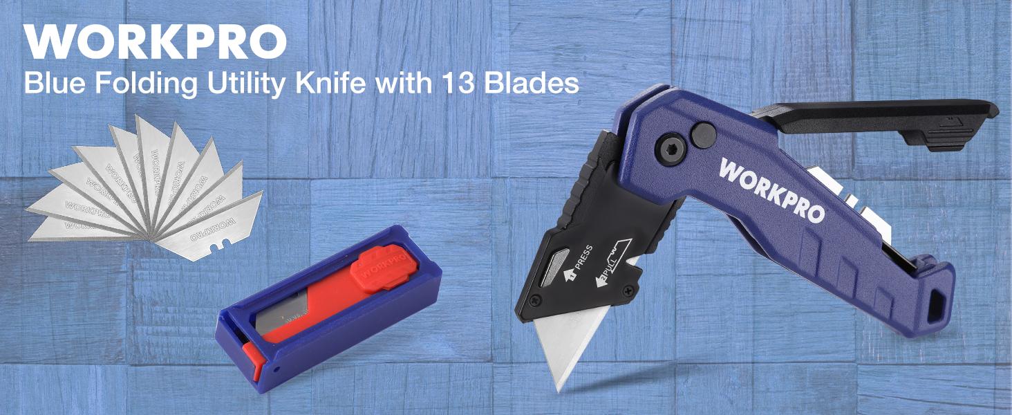 #fathersdaygift WORKPRO Folding Utility Knife, Quick Change Box Cutter, Razor Knife for Cartons, Cardboard, Boxes, Blade Storage in Aluminum Handle, 13 Extra Blades Included (Blue)