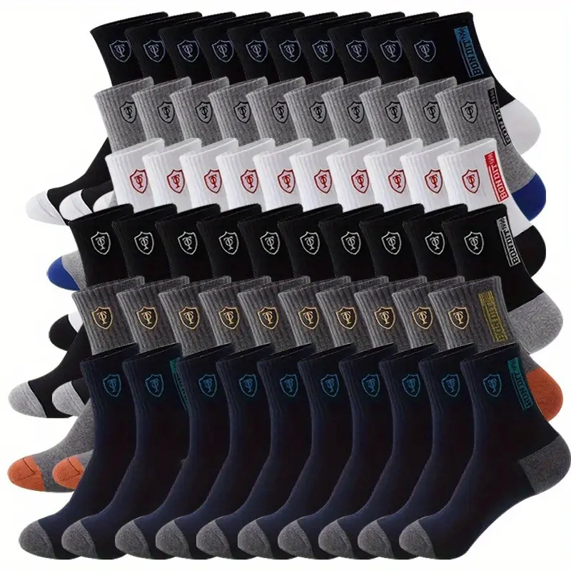 Men's Mid-Length Athletic Socks - Soft Breathable Sweat Absorbent Sock Packs (25-50 Pairs) for Spring & Autumn Daily Use, Baseball, Athletic Sock