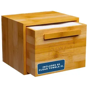 Clean Skin Club Luxe Bamboo Container with Pullout Drawer Includes 50 Clean Towels® Original XL Eco-Friendly Bacteria-Free Absorbent for Bathroom Counter