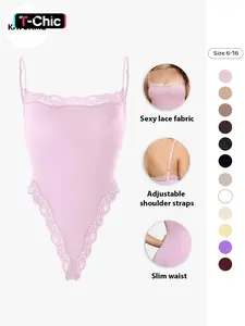 Women's Sexy Solid Color Spaghetti Strap Lace Trim Shaping Bust Bodysuit Body Sculpting Garment