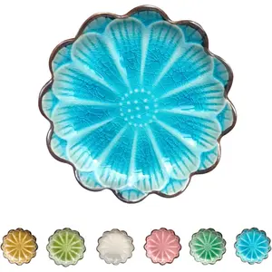 Ceramic Spoon Rest for Stove Top, Flower Cute Spoon Rest for Kitchen Counter, Cooking Spoon Holder for Kitchen Counter, Utensil Rest Spatula Rest Ladle Holder Tong Rest, 1 PC (Cracks Deco, Lake Blue)