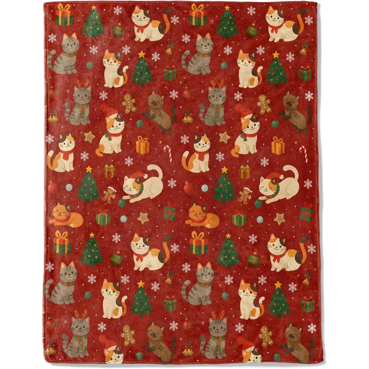 Soft Flannel Cat Decorative Throw Blanket - Kitten, Christmas Tree, Gingerbread, Snowflake Prints, Winter Blanket for Sofa Beds, Holiday Home Gift