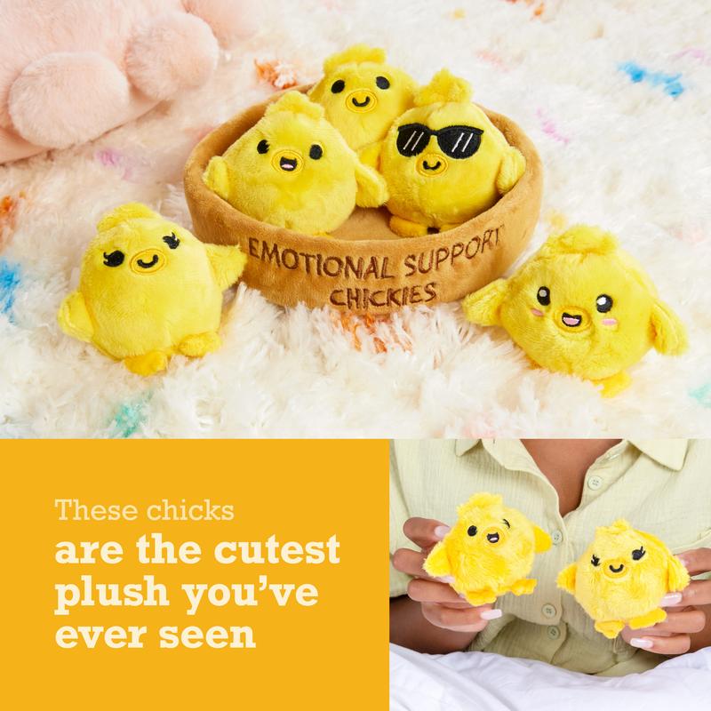Emotional Support Chickies - 5 Squishy Plush Toys in Basket | Cute Gift for All Ages