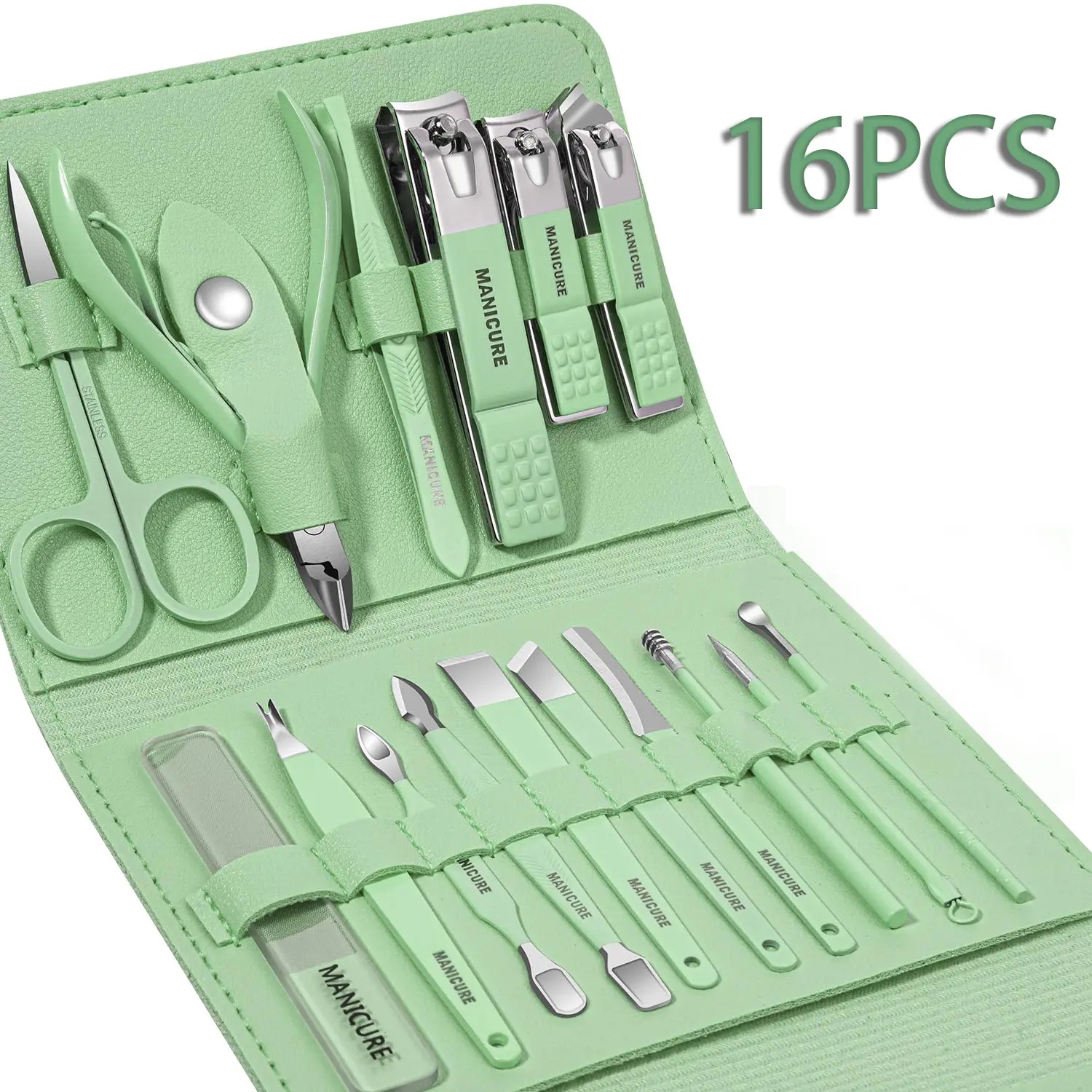 Manicure Pedicure Set Professional Nail Clipper Kit - 16 Pieces Stainless Steel Nail Care Tools with Luxurious Portable Travel Leather Case for Men Women Gift, Cutics Clear