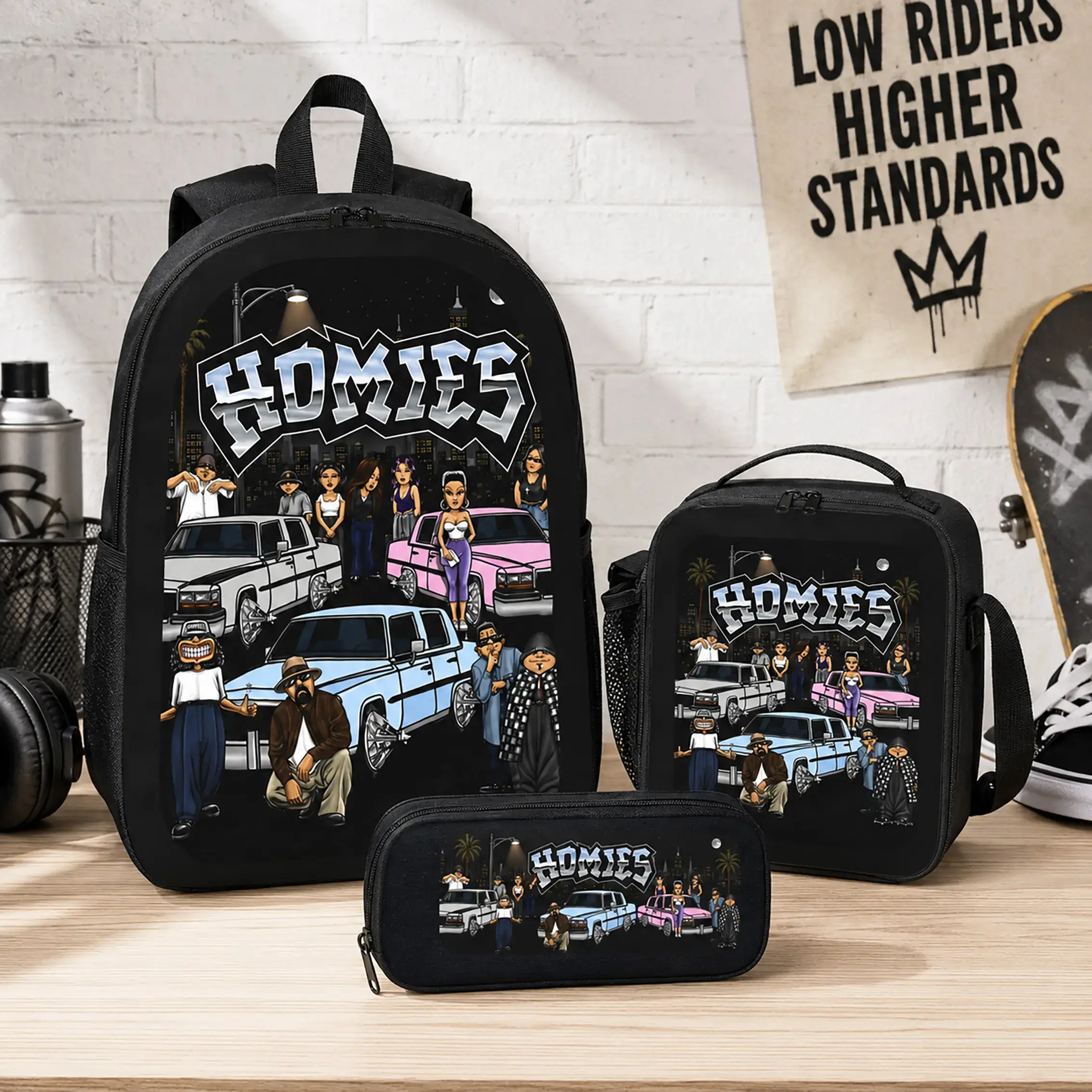 HOMIES 3 Piece Backpack Set Polyester Backpack Lunch Bag Pencil Case Large Capacity Lightweight Breathable Urban Street Style Lowrider Car Graphic Cartoon Bookbag Back To School Travel Daily Use For Kids Boys Girls Teens Students