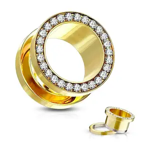 Double Flared Gold Screw Fit Plug Ear Tunnel & CZ 6 to 1" Gauge - Pair