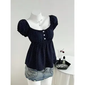 Summer Women's Simple Comfort Square Neck Polka Dot Print Short Sleeve Button Top, Casual Home Commute, Slim-Fitting No Zipper