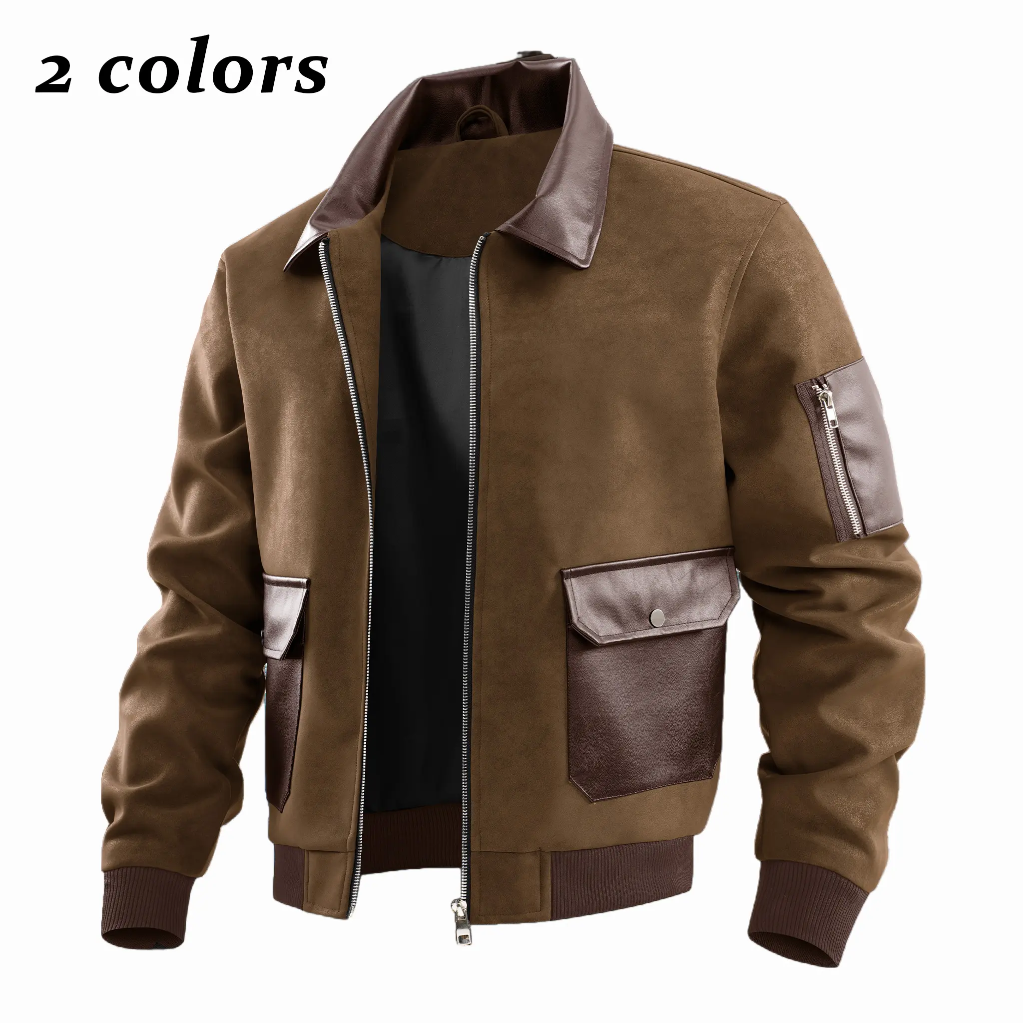 Menswear Stylish Soft Faux Suede Bomber Jacket for Men - Contrast Leather, Zip-Up, Rib Hem, Lapel, Multi-Pocket, Longsleeves, Cropped Streetwear Outerwear