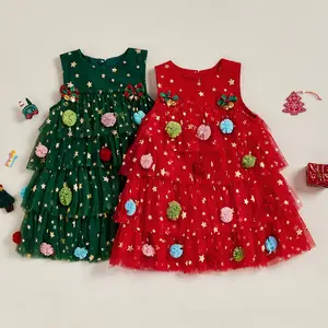 Toddler Baby Girl Christmas Dress Outfit Shiny Star Bell Sleeveless Layered Tulle Tutu A-line Dress Princess Christmas Costume Clothes