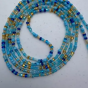 Waistbeads - Heavenly With 3 different blues and gold. 50/60 inches fits up to a 4XL can go up to a 70inch for everyone