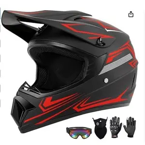 Matte Red Phantom Graphic Motocross Protective Gear 4-Piece Combo Set – DOT-Certified Black & Red Full-Face Off-Road Dirt Bike Helmet with Anti-Fog Goggles, Protective Riding Gloves, Breathable Neck Cover for Adults ATV Motorcycle Riding