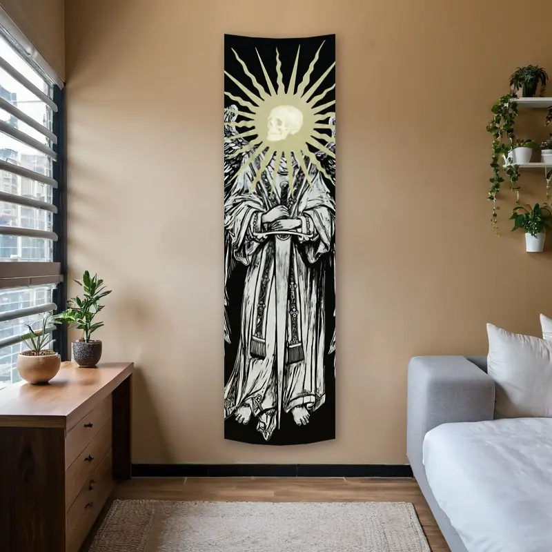 Angel Sword Sun Vertical Banner Tapestry Wall Hanging Skeleton Long Narrow Wall Tapestry Golden Black And White Spooky Art Tapestries Gifts For Home Decor Enthusiasts Polyester Stitched Edges Home Decor, Goth Home Decor Decorative Tapestry