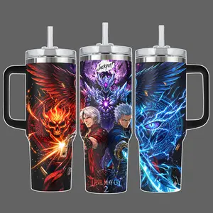 Devil May Cry Dante Vergil Jackpot Stainless Steel Insulated Tumbler Cup, 20oz/40oz with Straw Lid, 40oz Handle, Full Wrap Fire & Blue Lightning Anime Game Design Gift for Fans